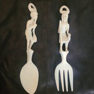 Vintage Carved White Wooden Fork & Spoon Utensils African Art
